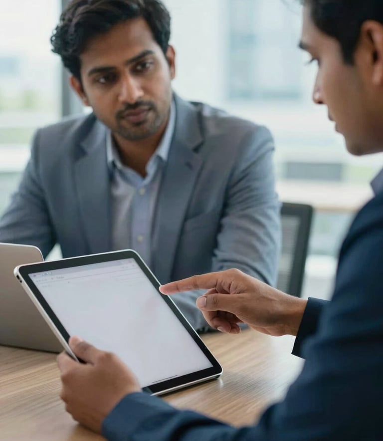 A close-up photograph of a professional meeting in a bright, modern Bangalore office. A South Asian / Indian business consultant is pointing at a clean digital tablet screen during a discussion. The atmosphere is professional and high-tech, with soft natural light. Palette accents of slate blue and pale blue are visible in the office decor.
