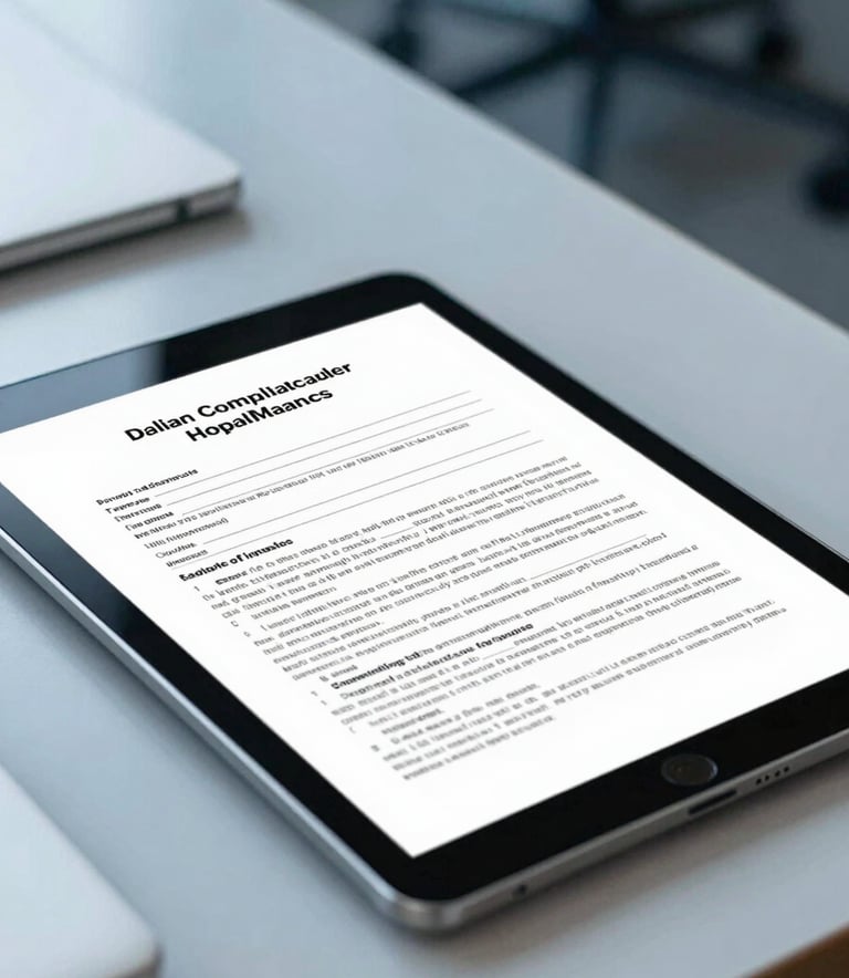 A close-up of a digital tablet showing legal compliance documents on a sleek desk in a modern Bangalore office. The scene is bright and professional with accents of steel blue and light gray-blue. South Asian / Indian context.