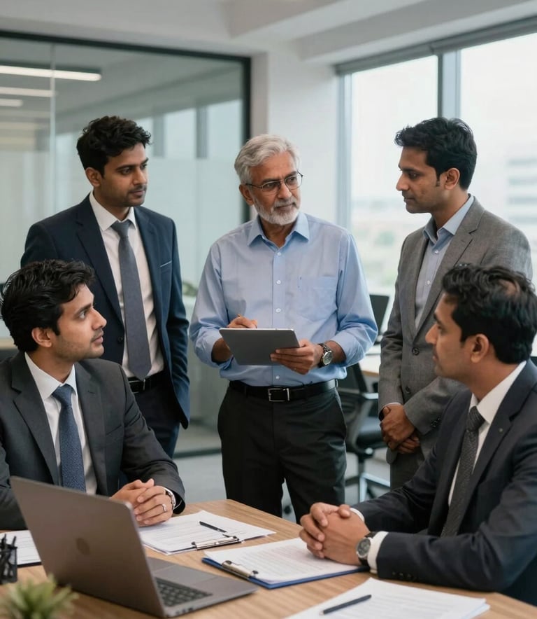 A team of South Asian / Indian Chartered Accountants and legal professionals in professional attire discussing business strategy in a well-lit, technology-driven office in Bangalore.