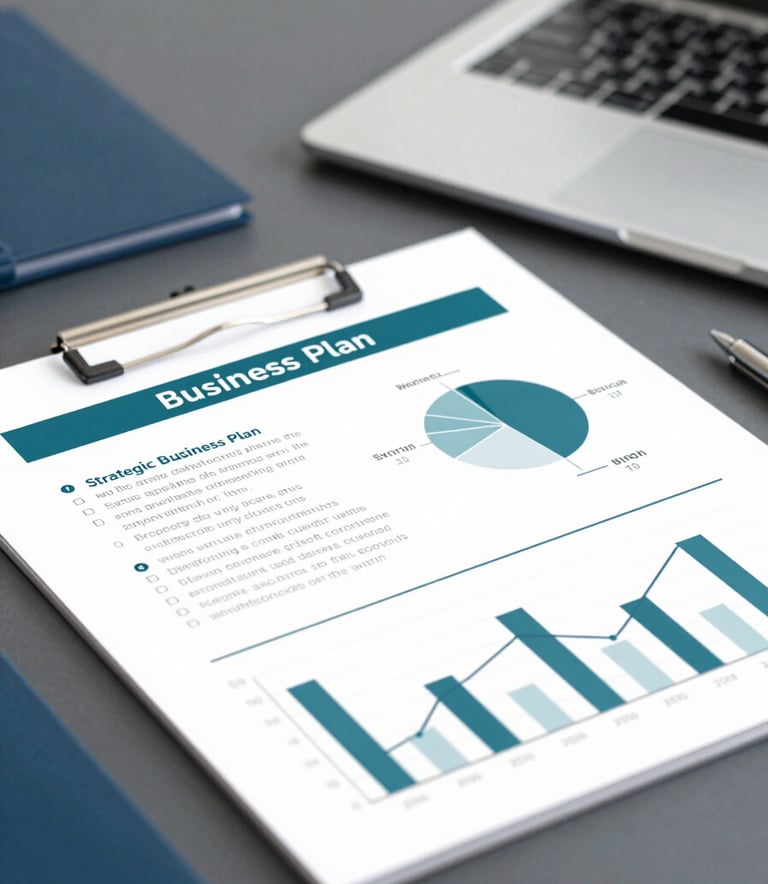 A high-quality close-up of a strategic business plan on a desk, with a laptop and a subtle touch of corporate stationery. The style is clean and professional, incorporating the brand's sophisticated teal and muted blue tones.