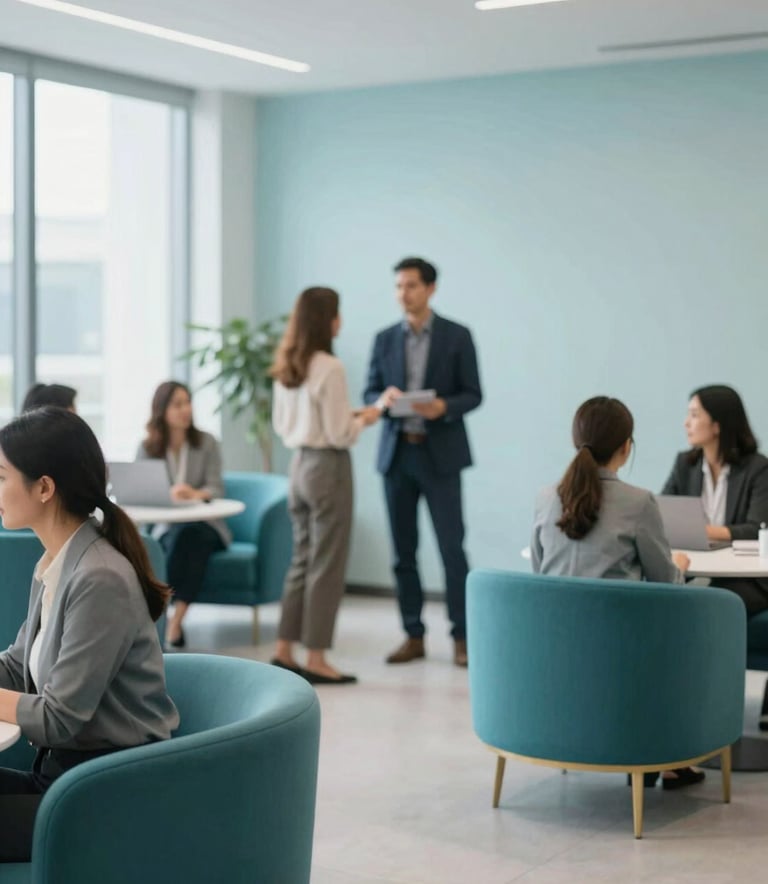 A wide shot of a bright, modern consulting office with a clean and sophisticated atmosphere. Professionals are seen interacting in a supportive and innovative environment. The color palette features #2C5F6D teal accents in the furniture and #E8F3F5 light blue in the walls.