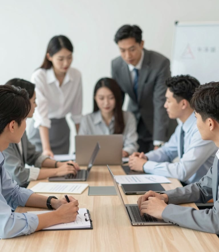 A group of focused professionals in a meeting room with a clean, innovative atmosphere, discussing business management strategies. The composition is supportive and professional, reflecting the brand's reliability.