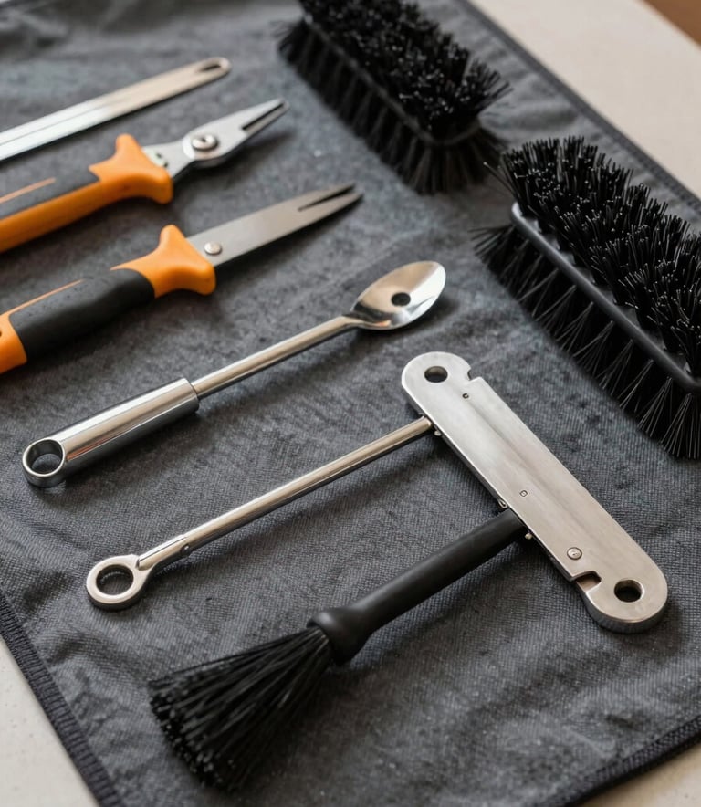 Close-up photography of professional chimney cleaning tools and brushes laid out neatly on a charcoal grey protective cloth in a North American / US residence. The composition is clean and sturdy, emphasizing expert equipment and technical precision.