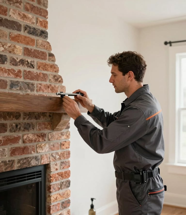 A professional chimney technician wearing a charcoal grey uniform, inspecting a brick fireplace inside a clean, modern North American / US home. The room features soft off-white walls and minimalist decor. High-quality professional lighting creates a trustworthy and expert mood.