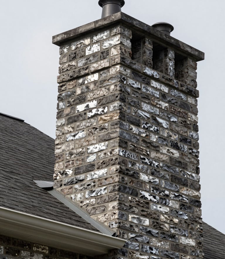 Close-up of a well-maintained brick chimney on a stylish North American / US house, highlighting charcoal and neutral silver tones in the masonry.