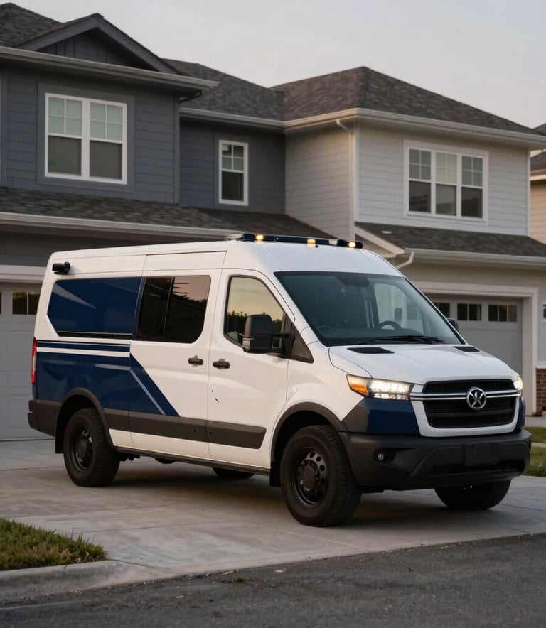 A professional service vehicle featuring deep navy and soft off-white branding parked in front of a modern North American / US suburban home at dusk.