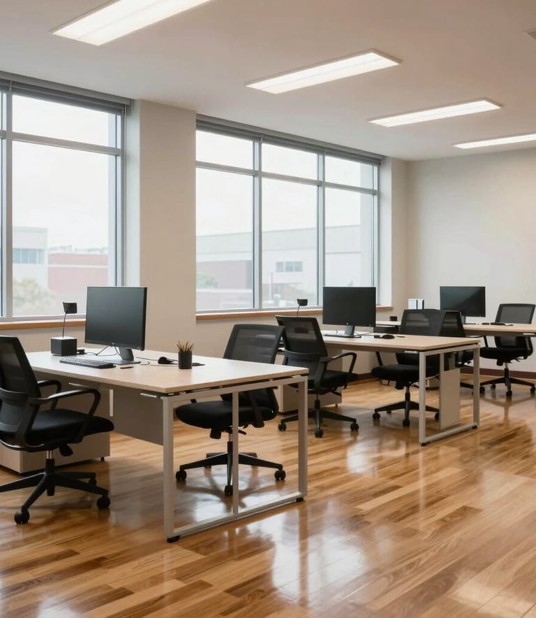 A bright and airy professional North American office space with large windows, sleek desks, and polished hardwood floors, reflecting high-quality cleaning and attention to detail.