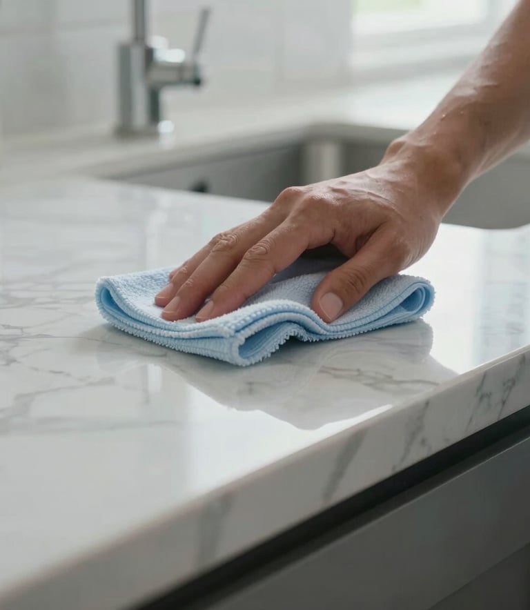 A close-up photograph of a professional cleaning technician's hands in a North American home, using a soft cloth to polish a marble kitchen countertop until it gleams. The lighting is bright and natural, reflecting a soft white and light blue palette for a clean, modern aesthetic.
