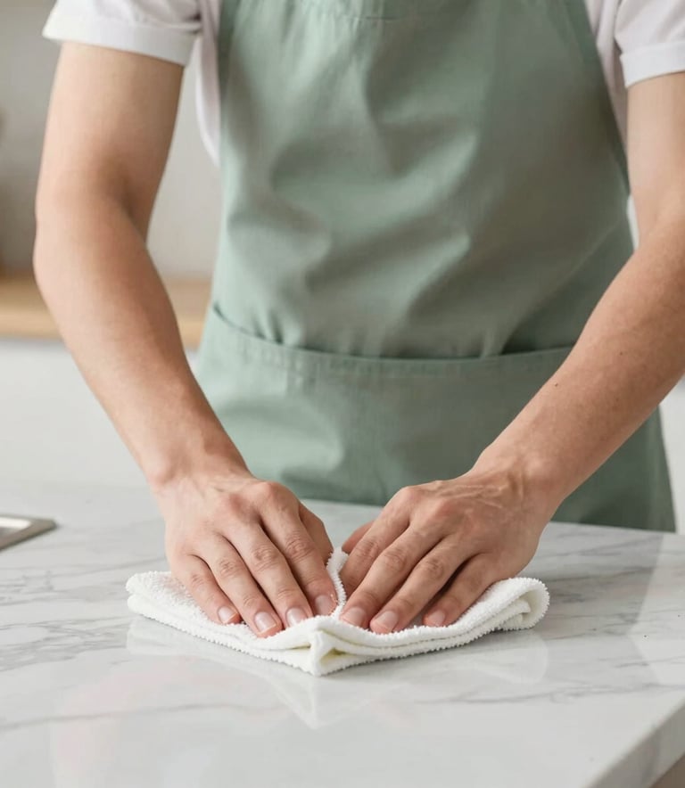Close-up photography of a professional cleaning person in the US wearing a sage green apron, carefully wiping a marble countertop with a white cloth in a bright, modern kitchen.