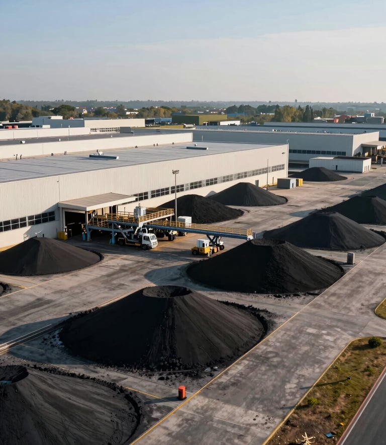 A high-angle professional photograph of a modern industrial logistics hub in North America during the day. The scene conveys stability and efficiency with clean lines, muted blue and tan color tones, and soft natural sunlight. Focus on the sophisticated infrastructure used for iron ore distribution.