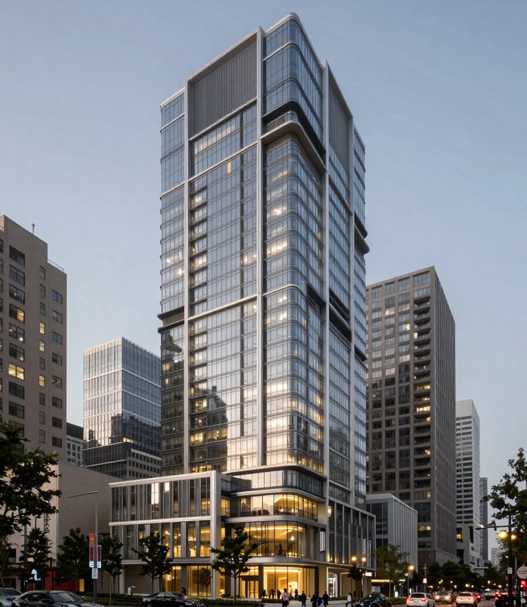 A sophisticated commercial real estate development in a thriving North American metropolitan district at dusk, featuring modern glass architecture and soft warm lighting that conveys stability and high value.