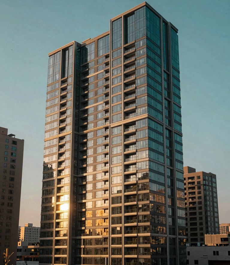 A wide-angle photography shot of a sleek, contemporary real estate development in a North American city. The architecture is modern and forward-thinking, captured during the golden hour with deep green-blue and gold light reflecting off the glass facades.