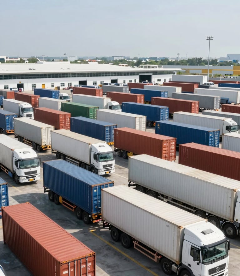 A vast, modern logistics and distribution center in North America with organized shipping containers and sleek transport trucks, captured in clean, bright daylight to represent efficiency.