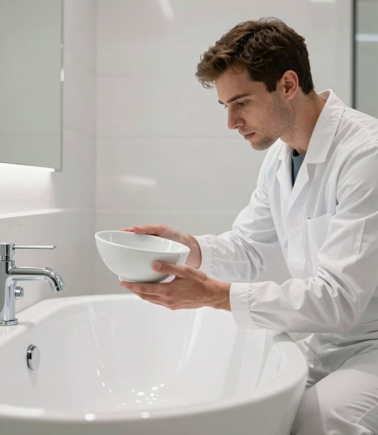 Professional worker in clean white attire inspecting a newly glazed porcelain tub in a modern residential bathroom in New York, clean lines, industrial premium aesthetic, sharp focus.
