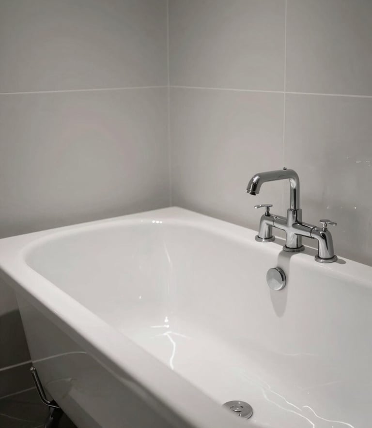 Wide shot of a clean, minimalist New York bathroom with industrial accents, soft light hitting a newly reglazed brilliant white porcelain tub, reflecting a premium professional finish, professional photography.
