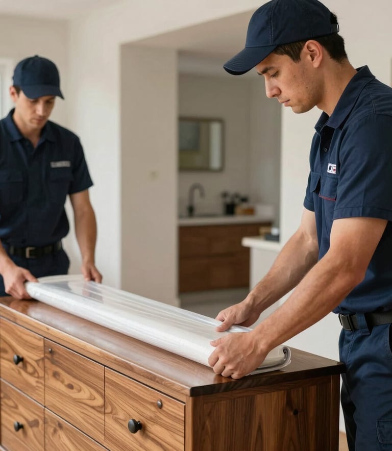 Close up photography of professional movers in navy blue uniforms carefully wrapping a wooden dresser with protective stretch film inside a modern North American residential home.