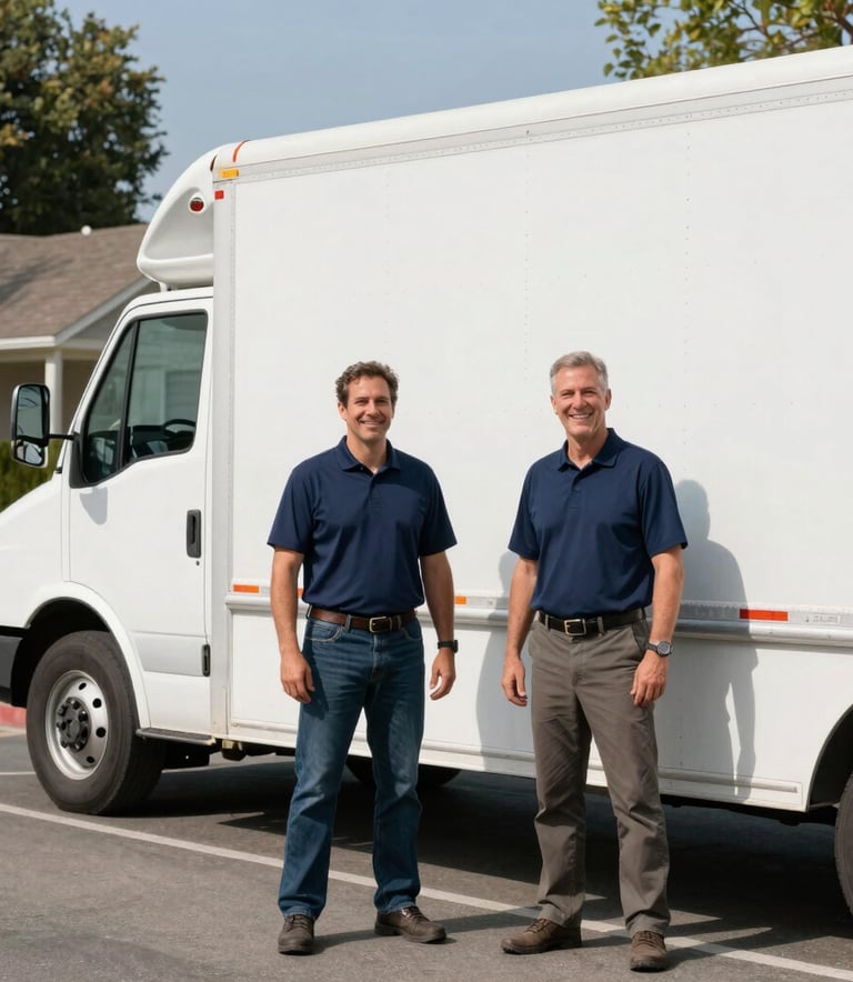 A wide shot of two professional movers in navy blue polo shirts standing by a clean white moving truck on a sunny North American residential street. They are smiling and look trustworthy. High-quality photography, bright natural lighting.