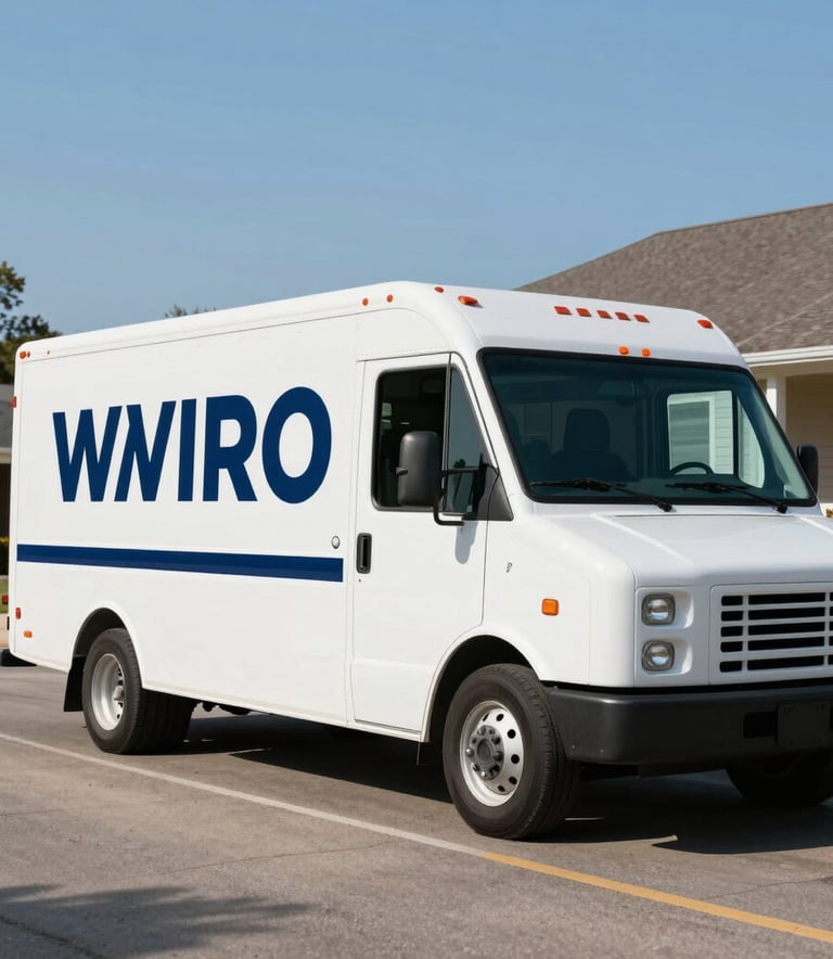 A clean, modern white moving truck with navy blue branding parked on a quiet residential street in Omaha, Nebraska, under a clear blue sky.