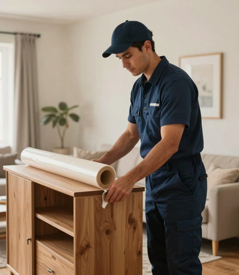 A professional mover in a navy blue uniform carefully wrapping a large wooden cabinet with protective film in a modern North American living room. Warm, trustworthy atmosphere, soft natural light.