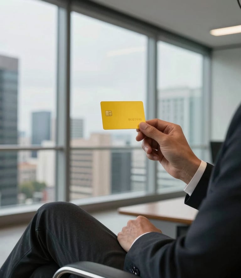 A person in professional attire sitting in a modern office with glass windows, holding a minimalist yellow credit card, South American / Brazilian business district view, sophisticated lighting.