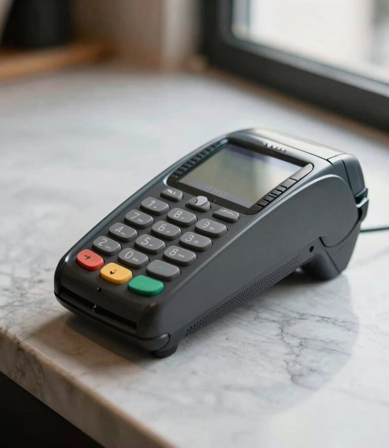 A sleek, minimalist black card terminal on a light gray marble surface, natural morning light, South American / Brazilian cafe setting, professional photography style.