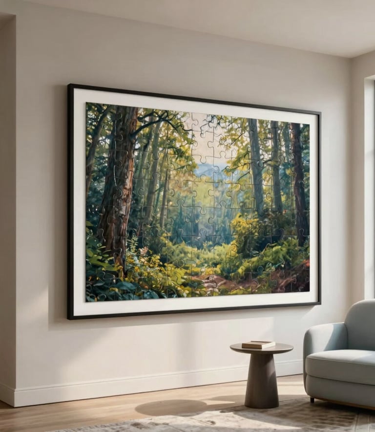 A high-end North American residential interior with a modern aesthetic. On a clean, neutral-toned wall, a large, professionally framed assembled jigsaw puzzle of a soft-focus forest landscape is prominently displayed. The room features elegant furniture, including a pale blue armchair and a minimalist side table. Soft natural light streams in from a large window, creating a warm, sophisticated, and welcoming atmosphere.