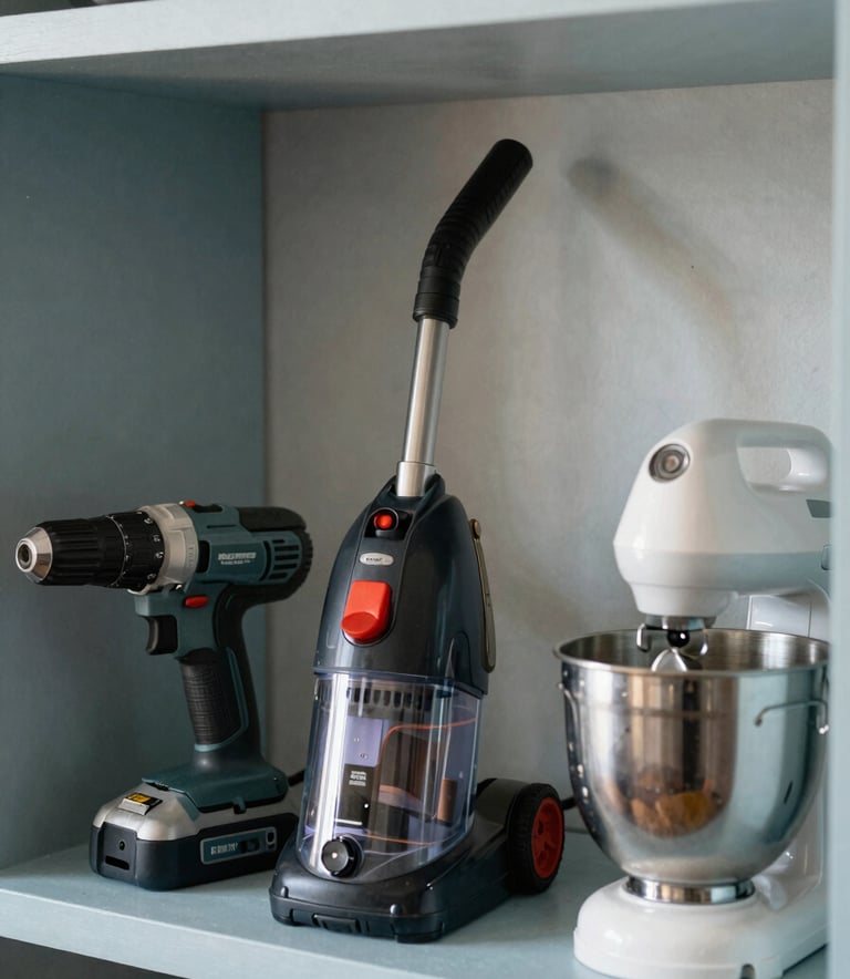 A collection of diverse high-quality household items including a high-end power drill, a steam cleaner, and a premium kitchen mixer, organized neatly on a light blue shelf in a South American home setting, soft natural lighting, photography emphasizing accessibility and quality.