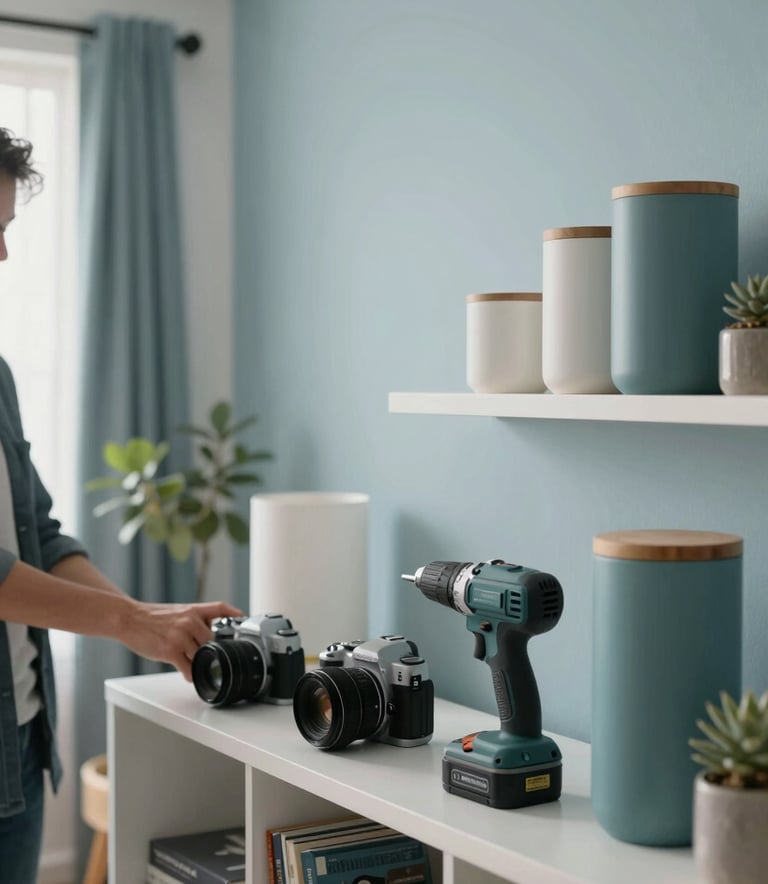 A bright and airy South American modern apartment living room with soft light. A person is organizing a shelf where various high-quality shared household items like a camera and a cordless drill are neatly placed. The scene uses soft ice blue and muted teal tones in the decor.