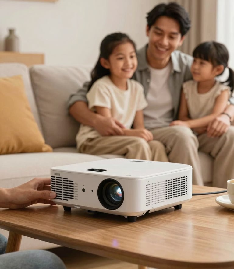 A South American family setting in a modern living room, with a person setting up a rented high-quality projector for a movie night, warm and trustworthy mood, realistic photography with soft shadows.