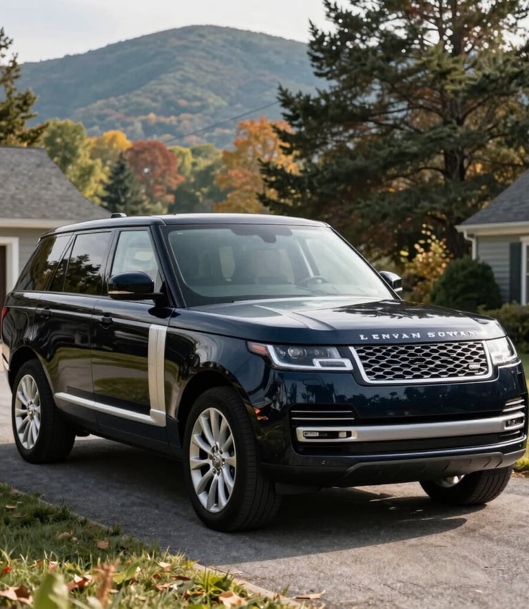 A high-end luxury SUV parked in a scenic Lebanon, New Hampshire driveway, showcasing a mirror-like reflection on its dark navy paint. Professional photography, crisp morning light, North American / US setting.