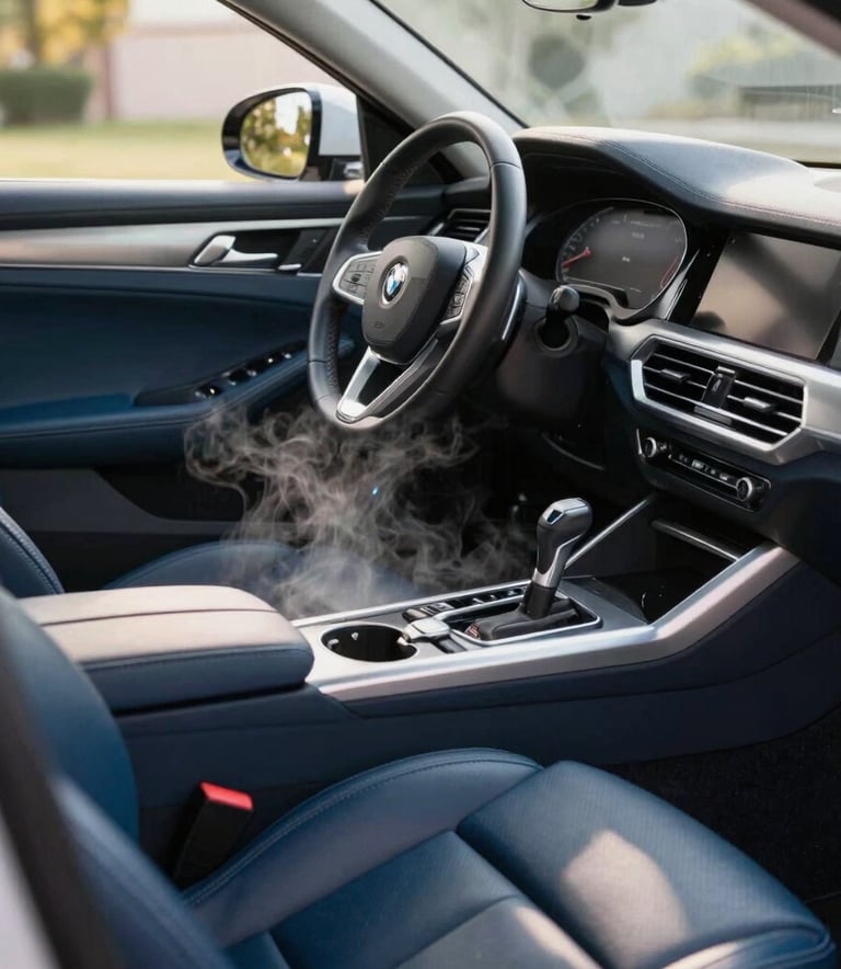 An interior shot of a high-end car cabin being steam cleaned, focusing on the leather seats and dashboard, bright natural light, professional detailing tools visible, Yankee Blue and Platinum accents, North American / US context.