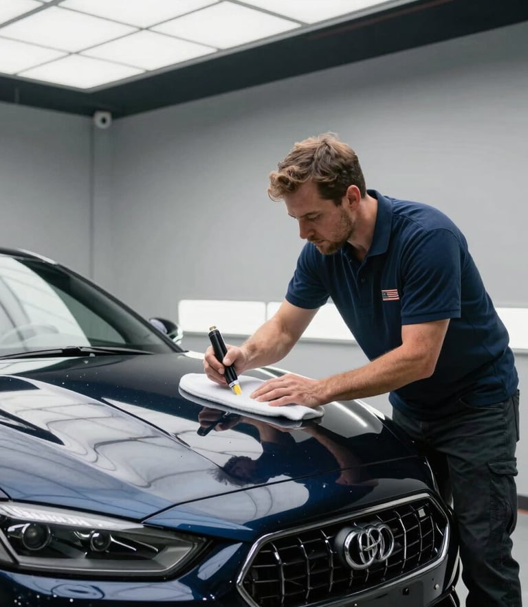 Professional car detailer in a clean, modern Lebanon, New Hampshire garage, carefully polishing a black sports car. Soft overhead lighting highlighting steel blue and deep navy tones, North American / US style.