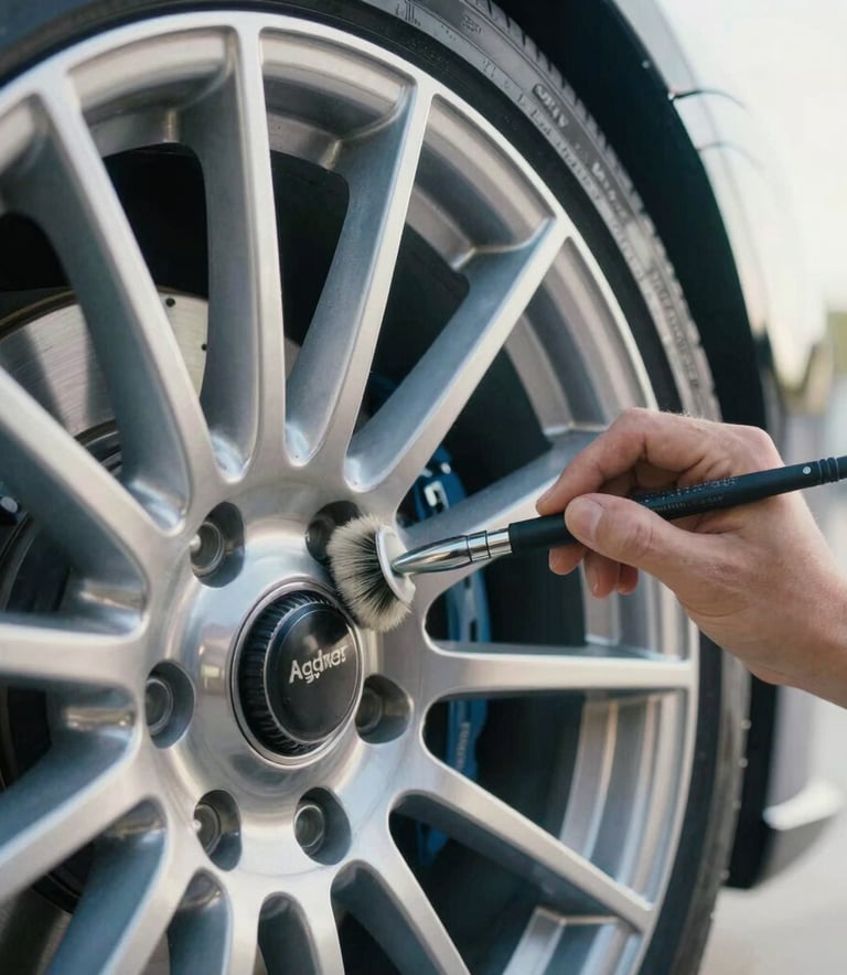 A close-up high-detail photograph of a professional detailer's hand using a soft brush to clean the intricate spokes of a luxury car's chrome wheel rim, soft morning light in a clean North American garage setting, professional aesthetic with Silver Lake Blue and Platinum tones.