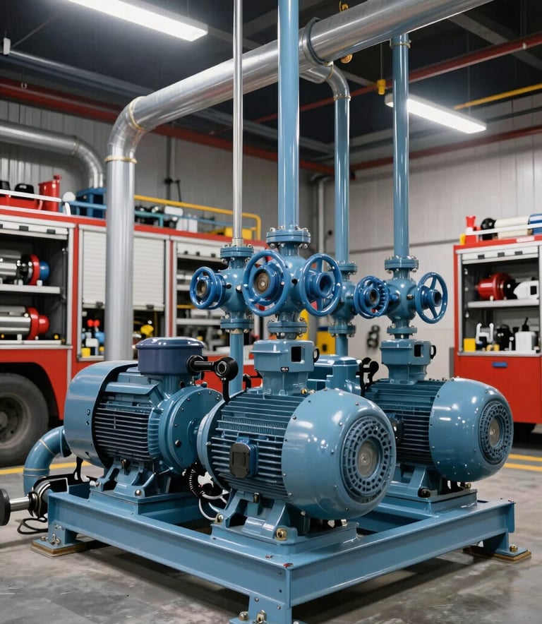 Wide shot of a modern fire pump room with dual electric motor pumps, organized piping systems in soft steel blue, and high-quality industrial lighting.