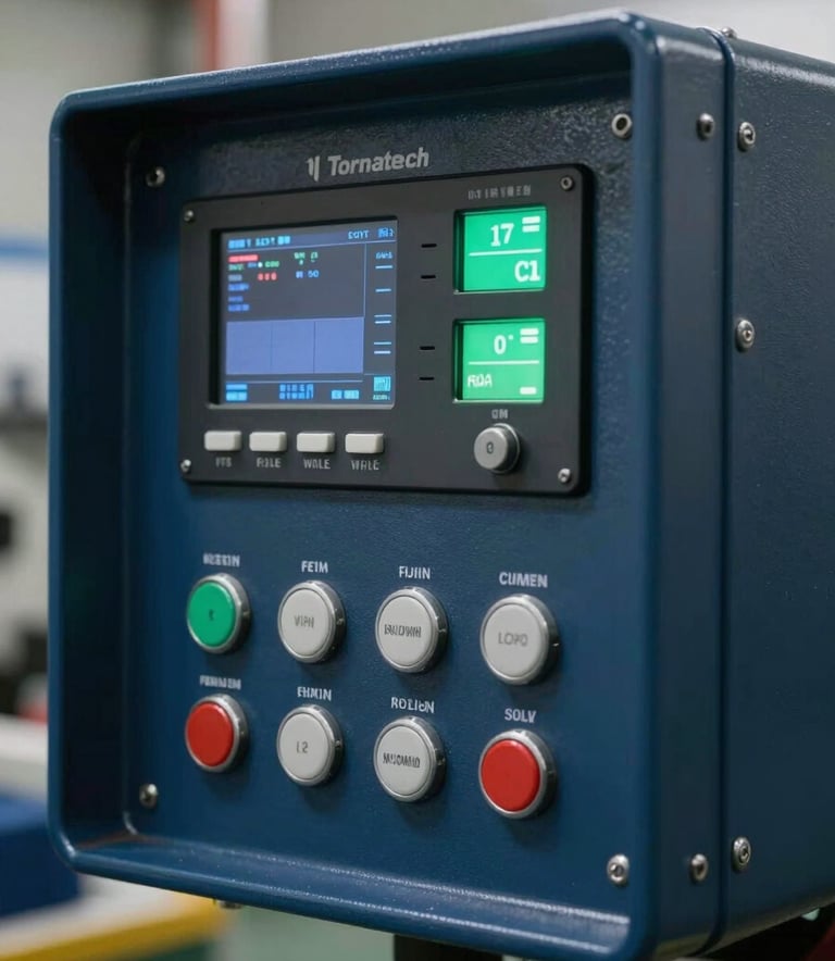 Close-up of a high-tech Tornatech fire pump controller panel in a clean industrial setting, showing digital displays and buttons, with hints of midnight blue and dark charcoal in the metal casing.