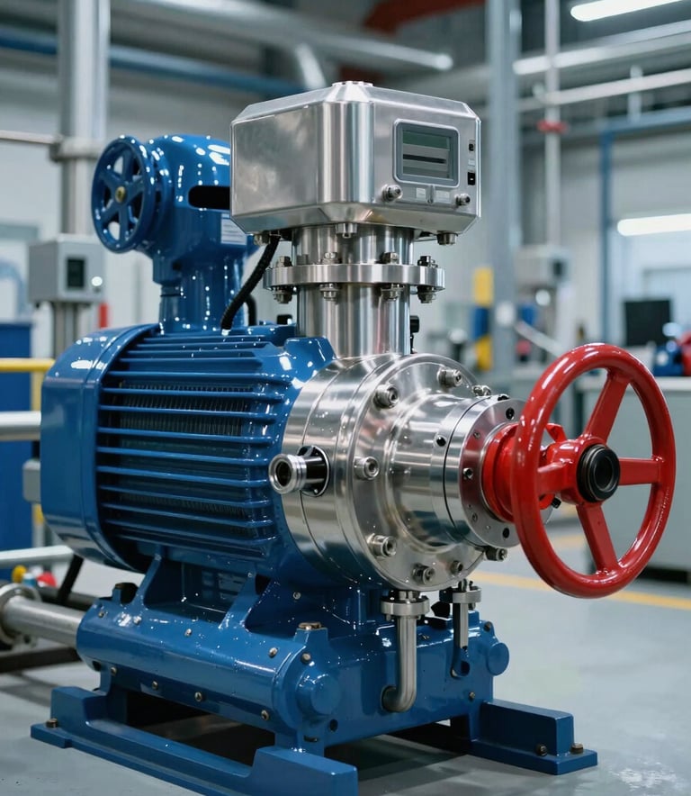 A high-precision diesel fire pump set in a modern industrial plant, showcasing polished steel surfaces and red-painted pipework. The environment is clean and professional, with lighting reflecting off surfaces in Cool Steel Blue and Mist Grey.