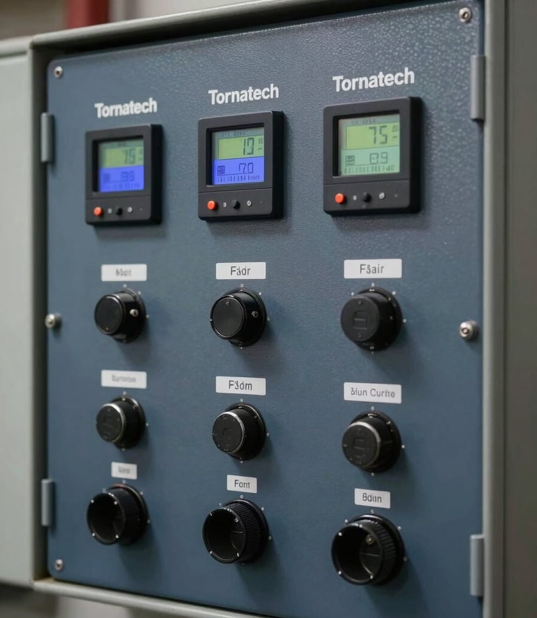 Detailed close-up of a Tornatech fire pump control panel featuring digital displays and high-quality industrial switches. The panel is mounted on a Mist Grey wall, with the overall palette focused on Dark Slate Navy and professional cool tones.