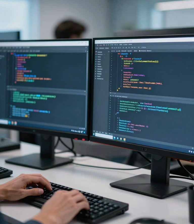 A close-up of a programmer at a clean desk with multiple monitors showing code, in a high-tech North American office environment with soft light blue lighting.
