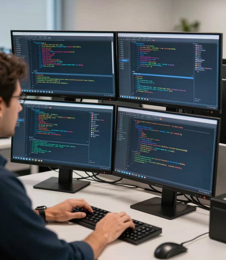 A high-detail photograph of a software engineer in a North American corporate office working with multiple high-resolution monitors displaying complex lines of code and data visualizations, with a professional atmosphere and muted blue and off-white lighting.
