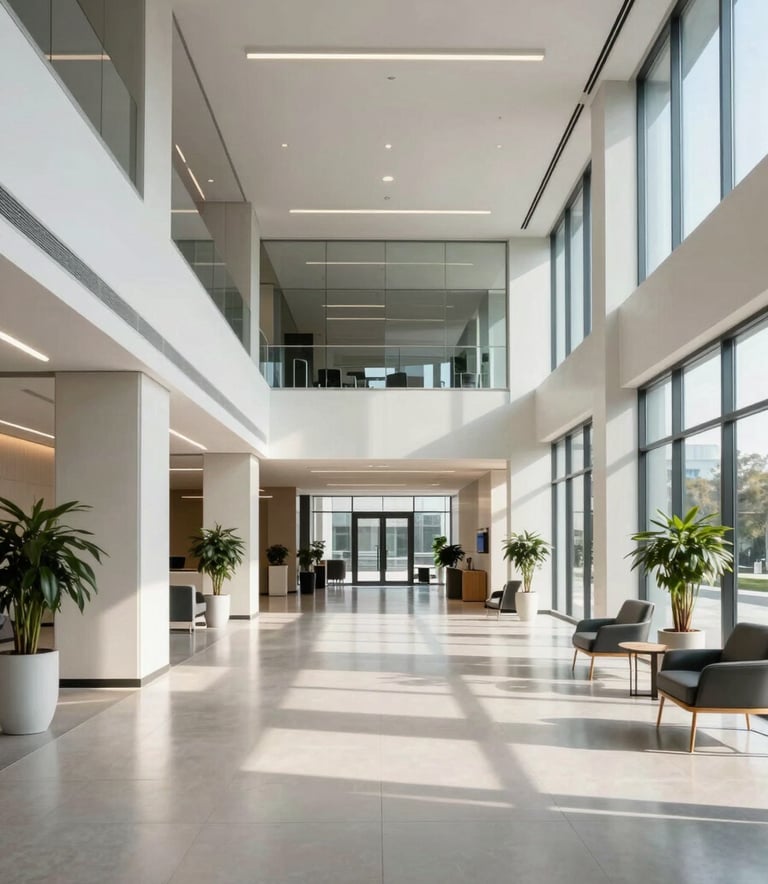 A wide-angle photography shot of a sunlit, modern corporate lobby in a North American tech hub, featuring clean architectural lines, polished floors, and subtle light blue accents.