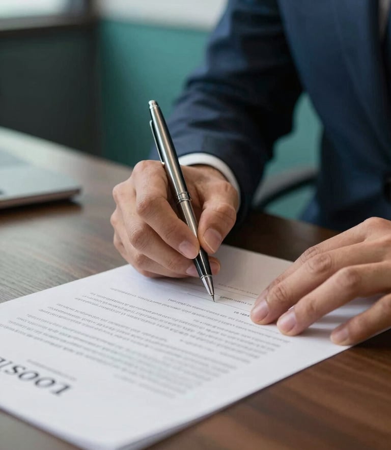 Close-up photography of a professional signing a contract in a North American / US office. Focus on hands, a sleek pen, and high-quality paper. Background includes hints of teal and dark blue office accents with soft, professional lighting.