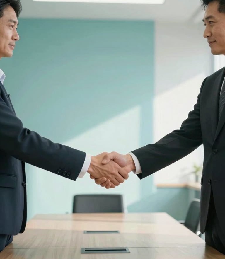 A handshake between two professionals in a minimalist North American conference room with turquoise accents and bright, airy natural lighting.