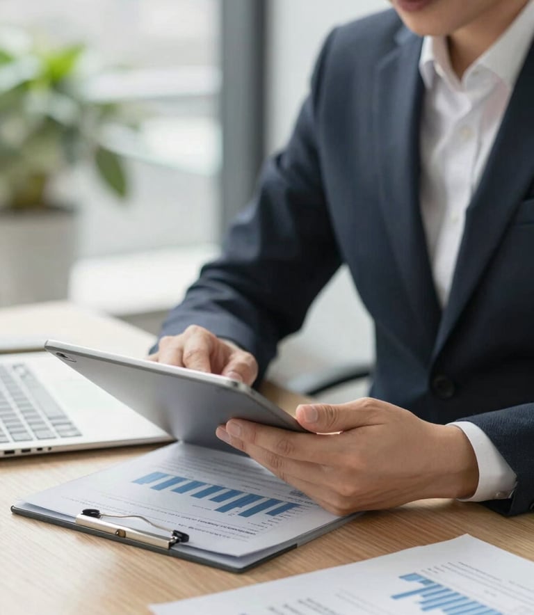 Professional person in business attire sitting in a brightly lit North American office, reviewing financial documents on a tablet.