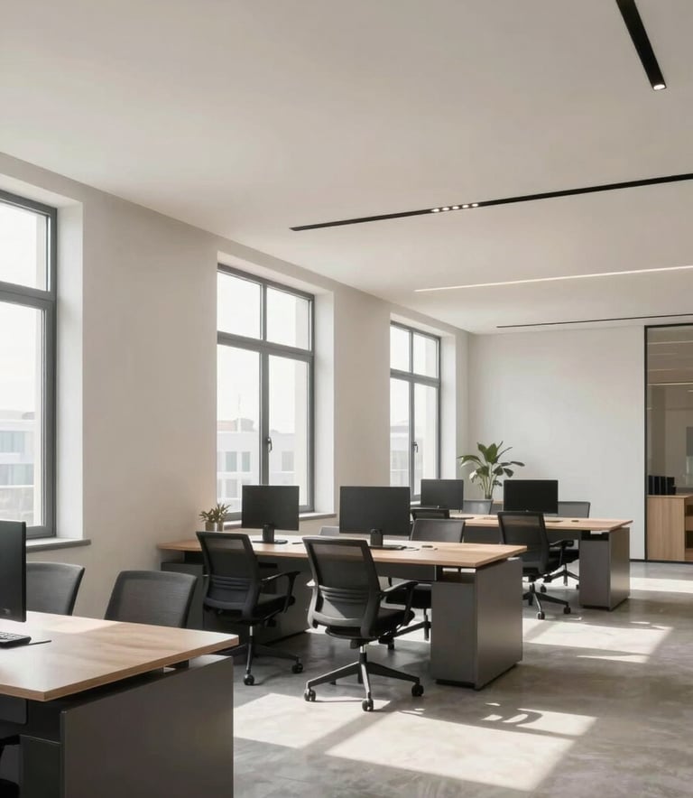 A wide-angle professional photograph of a bright, modern architectural office space. Soft off-white walls and charcoal grey furniture create a professional atmosphere. Natural light streams through large windows, highlighting a clean and sophisticated workspace.