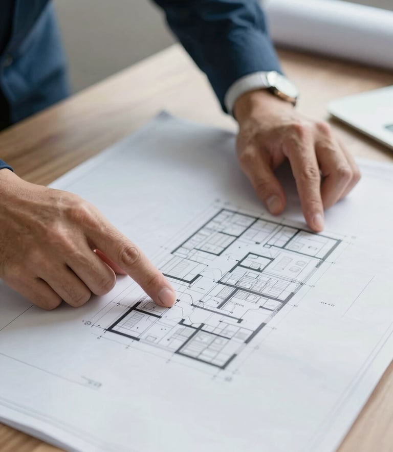 A close-up photograph of a professional's hands pointing at architectural blueprints on a clean desk. The lighting is soft and natural. The color palette features steel blue tones and off-white paper, reflecting a mood of focused expertise.