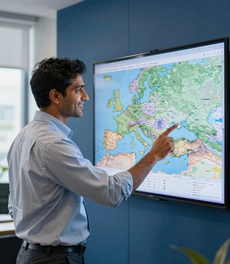 A professional migration consultant in a modern South Asian / Indian office in Noida, smiling while pointing at a digital map showing Europe and Australia. The environment is professional and efficient, with Deep Blue office decor and bright natural lighting.