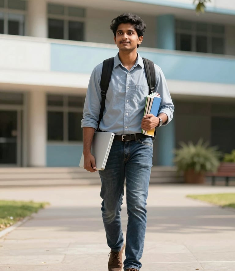 A confident South Asian / Indian student walking through a sunny university campus in Australia, carrying a laptop and books. The atmosphere is aspirational and supportive, with accents of Light Blue and Off-white in the background architecture.