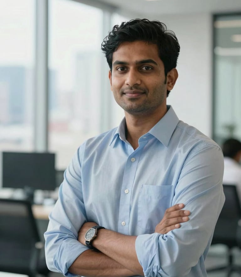A successful South Asian / Indian professional standing confidently in a bright, modern office space with a blurred skyline view, representing achievement and migration success.