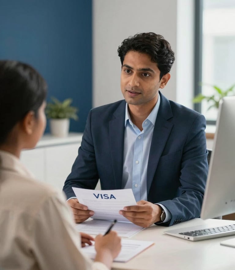 A South Asian / Indian education consultant in professional attire explaining visa procedures to a student in a bright office decorated with deep blue and off-white accents.