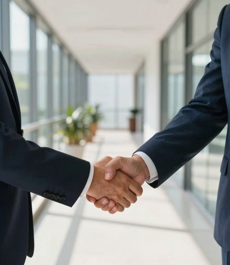 Close-up of professional Brazilian legal professionals shaking hands in a bright, modern corporate corridor. Sunlight filters through glass walls. The scene represents a successful partnership and security, with dark blue and light gray professional attire.